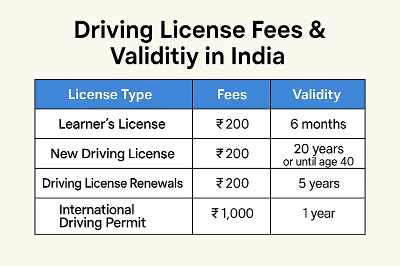 Driving License Fees & Validity in India