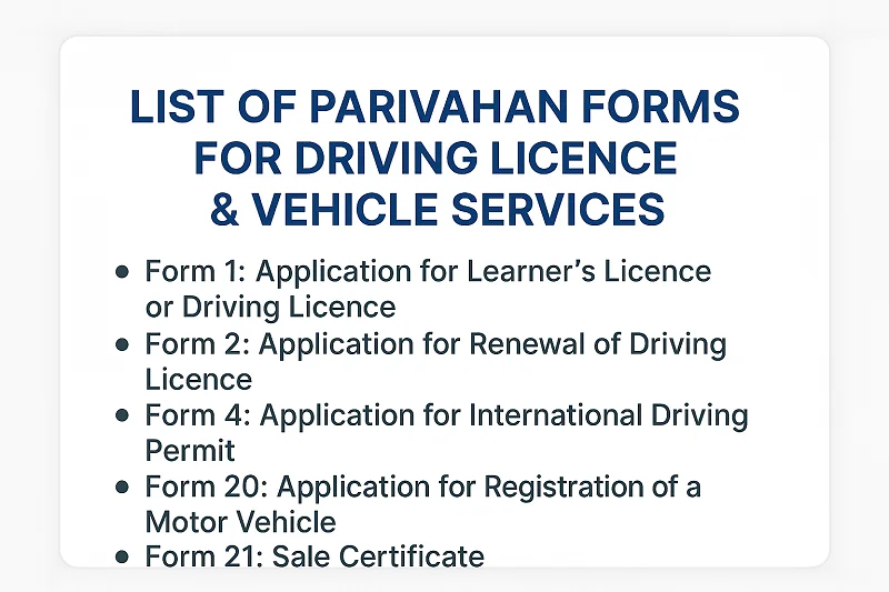List of Parivahan Forms for Driving Licence & Vehicle Services